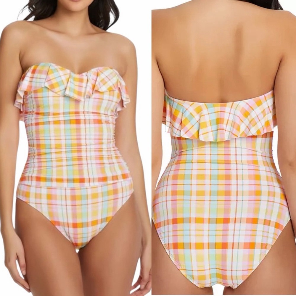 NWT! Bleu Rod Beattie Hip To Be Square Shirred Ruffle Bandeau Swimsuit. Size 10.
